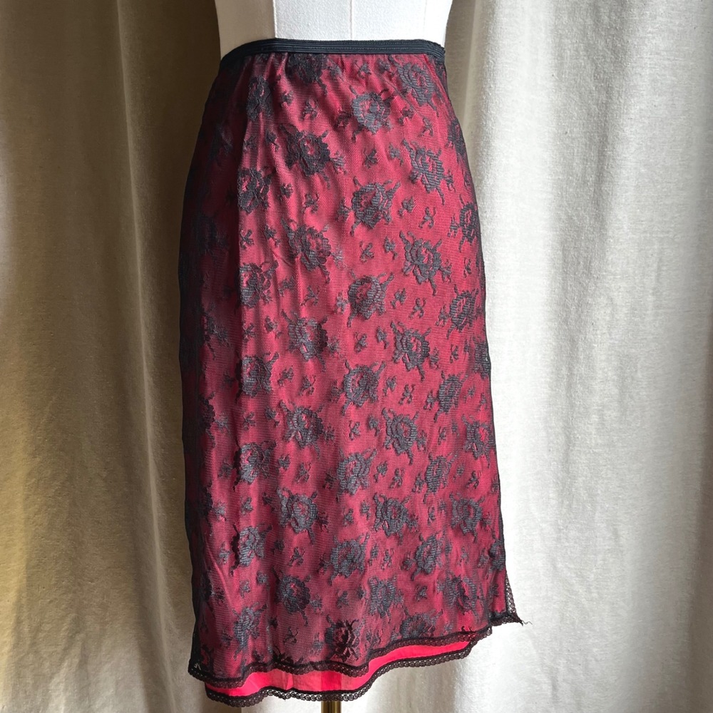 Vintage Black Lace Overlay Slip Skirt Red Sheer Lingerie Midi Skirt S/M